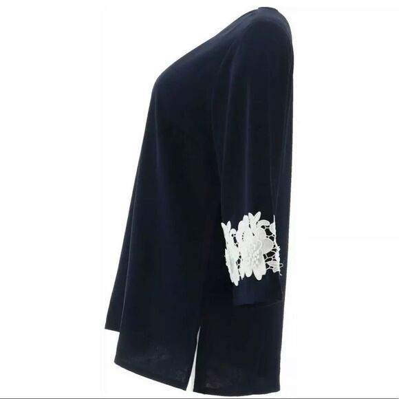 Linea by Louis Dell'Olio Lace Applique on Sleeve Pullover Top - Picture 3 of 5